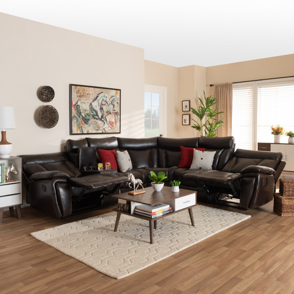 Lewis Dark Brown Faux Leather Upholstered 6-Piece Reclining Sectional Sofa