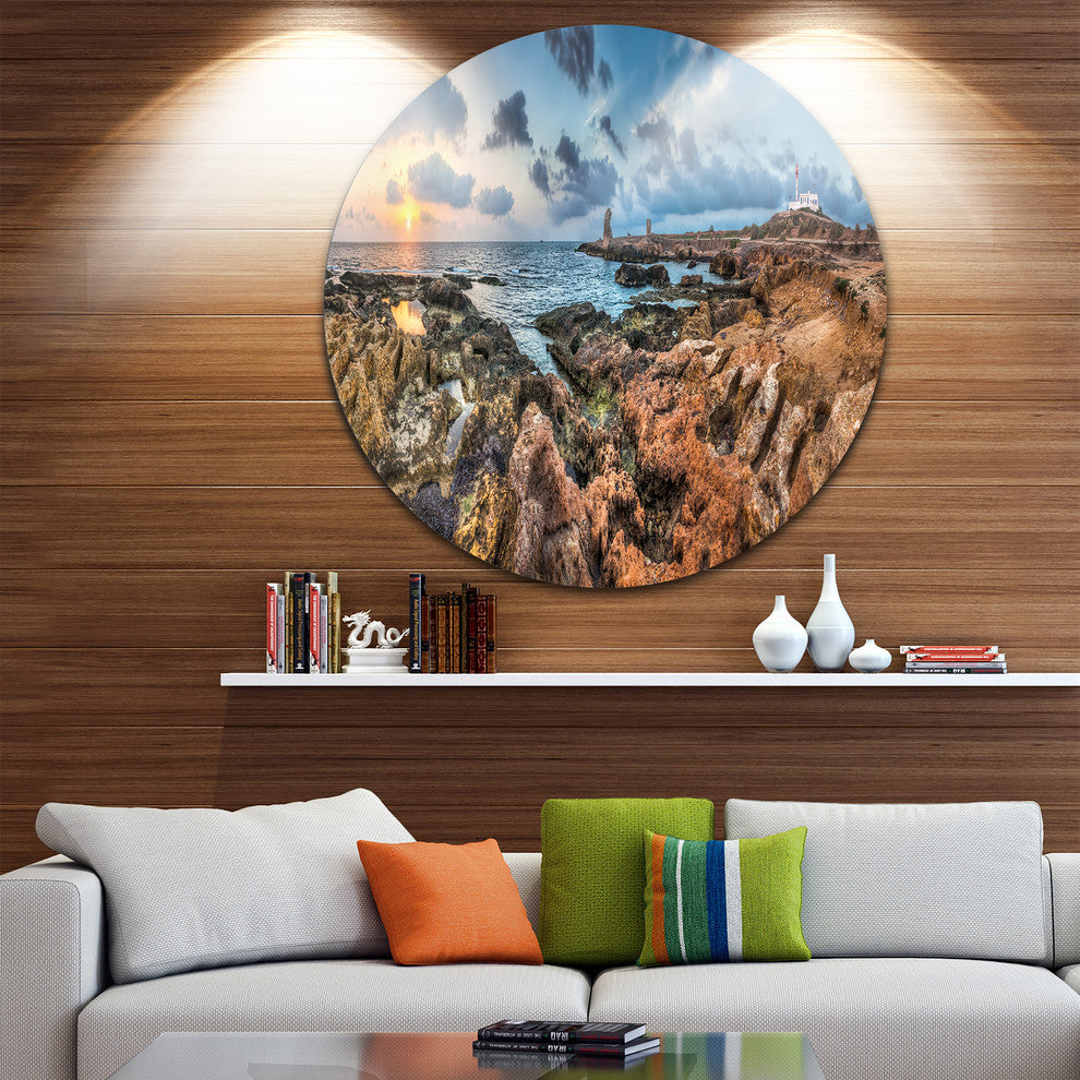 Blue Sky Over Rough Rocky Coast, Seashore Disc Metal Artwork, 36"