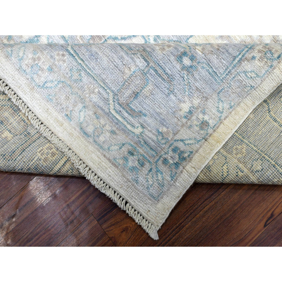 Afghan Angora Oushak Ivory-Blue Organic Wool Hand Knotted Rug, 7'10" x 10'0"