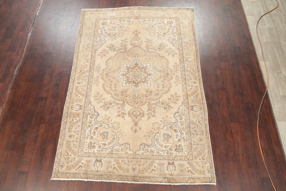 Consigned, Vintage-Style Faded Handmade Oriental Persian Area Rug, Beige, 6x10