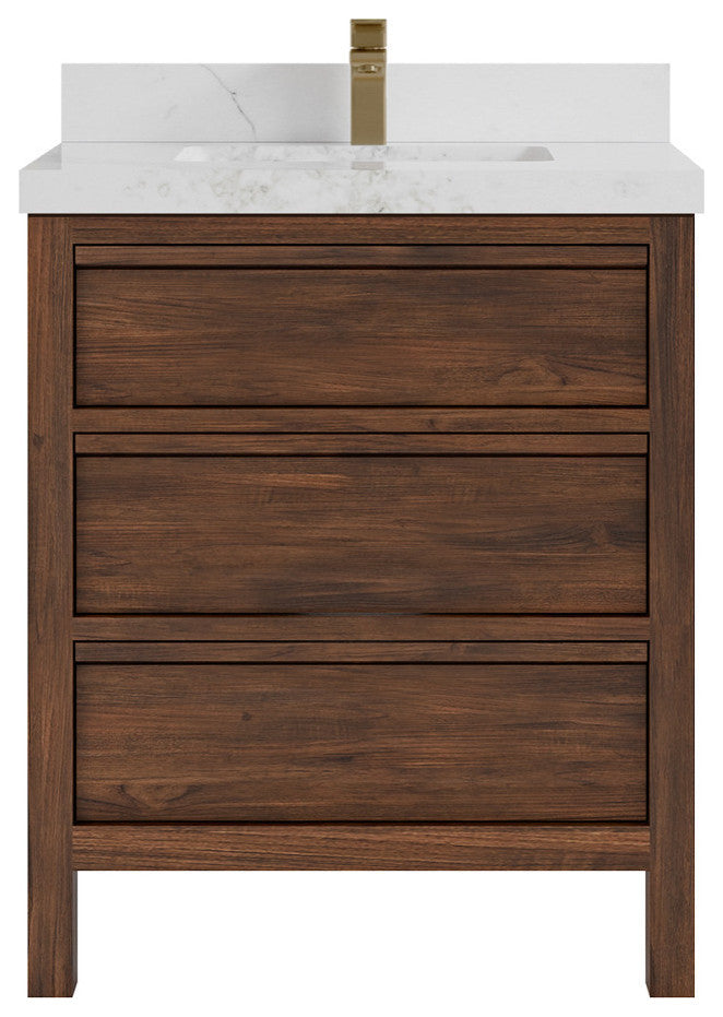 Elizabeth 30 Single Sink Bath Vanity in Dark Walnut Teak 2" Calacatta Nuvo