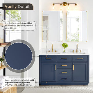 Gavino Vanity with Grain White Composite Stone Top, Royal Blue/Brushed Gold, 54", with Mirror
