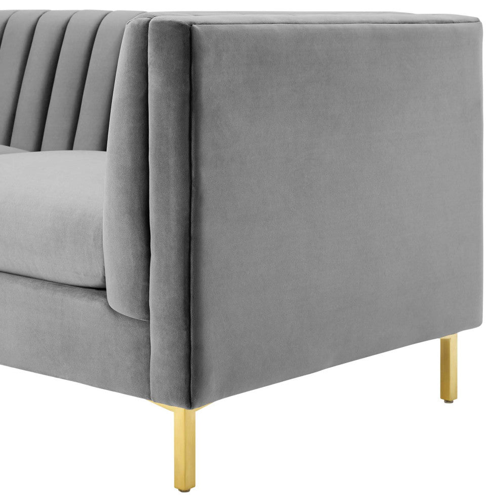 Modern Designer Lounge Lobby Sofa, Velvet Fabric Metal Steel, Grey Gray