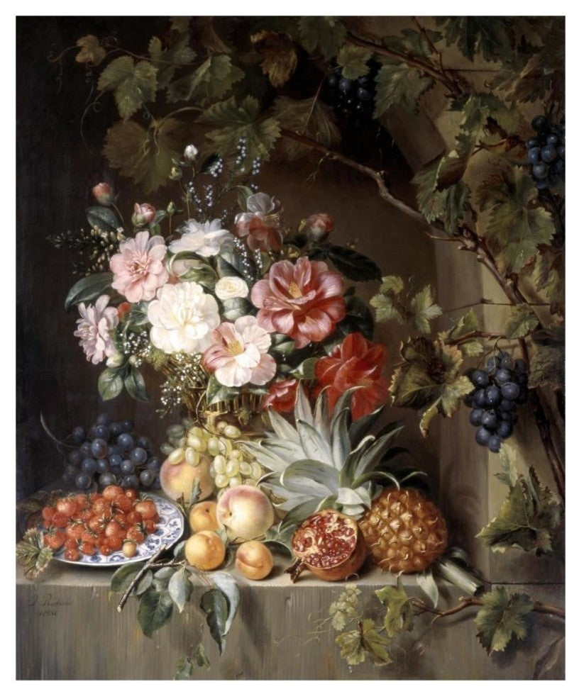 "Still Life with a Basket of Flowers" Print by Antonie Rietveld, 27"x32"