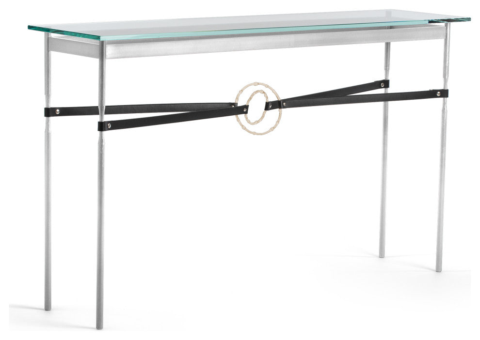 Equus Console Table, Sterling Finish - Soft Gold Accents - Black Leather Strap