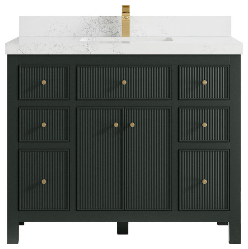 Sonoma 42 Single Sink Reeded Bath Vanity in Dark Forest Green 2" Empira White