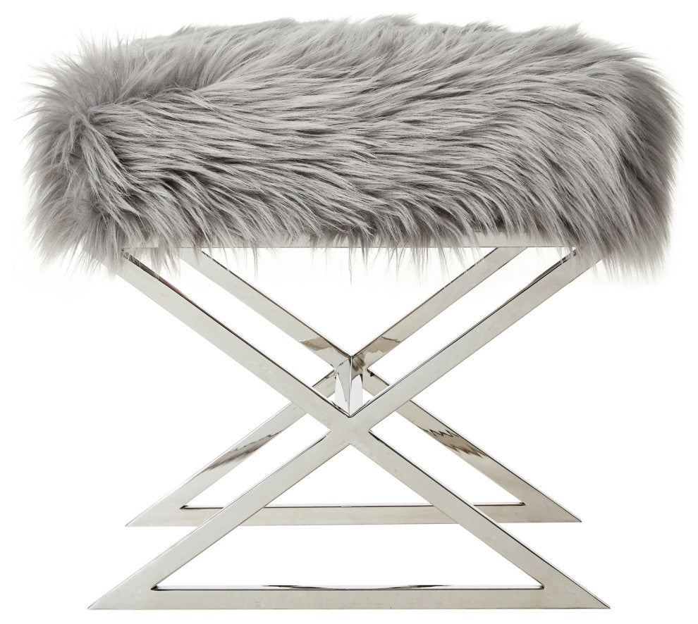 Oria Faux Fur X-Leg Chrome Base Ottoman, Gray/Chrome