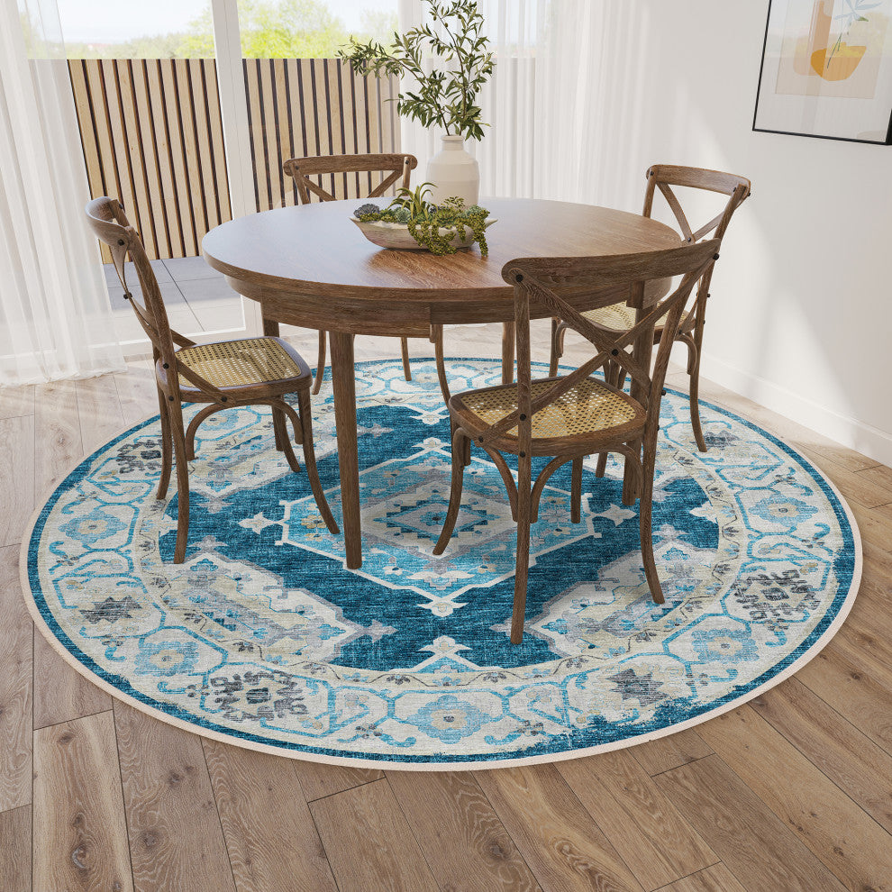 Indoor/Outdoor Marbella MB1 Indigo Machine Washable 6' x 6' Round Rug