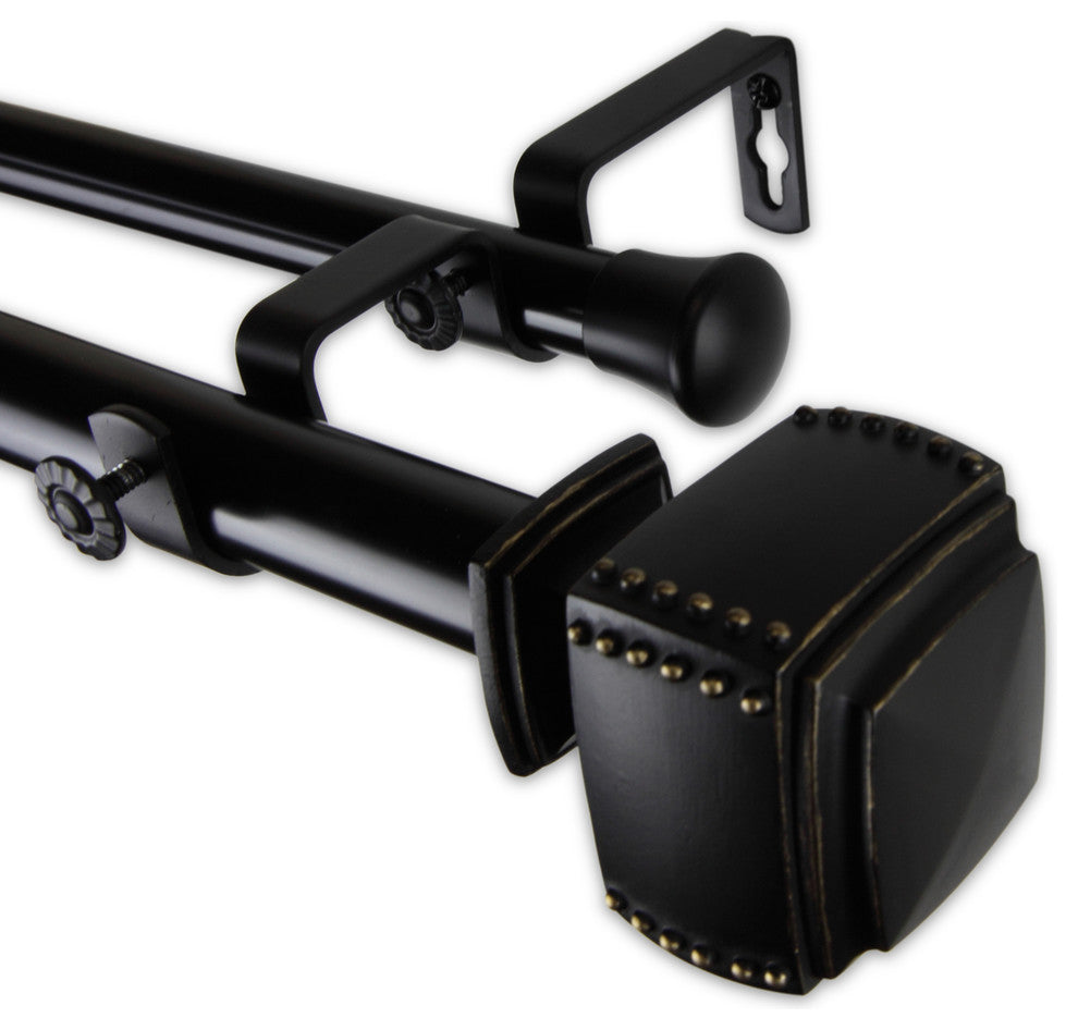 Studded 1" Double Curtain Rod, Black, Black, 66"-120"