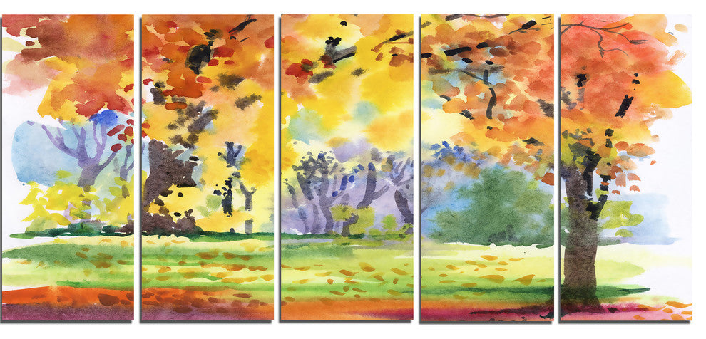 "Autumn Park Yellow Trees Watercolor" Landscape Wall Wall Art, 5 Panels, 60"x28"