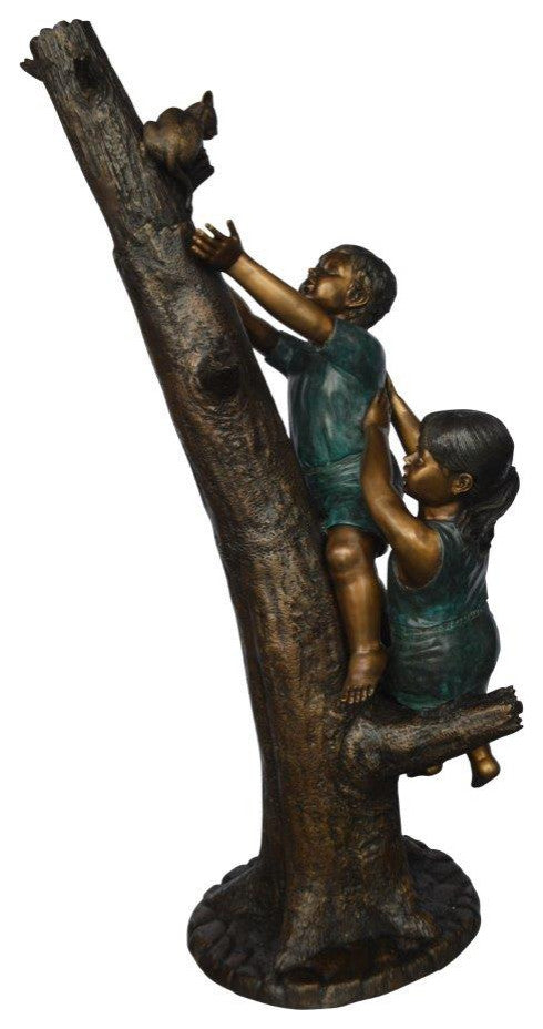 Children reaching up tree for a cat bronze statue -  Size: 24"L x 21"W x 64"H.