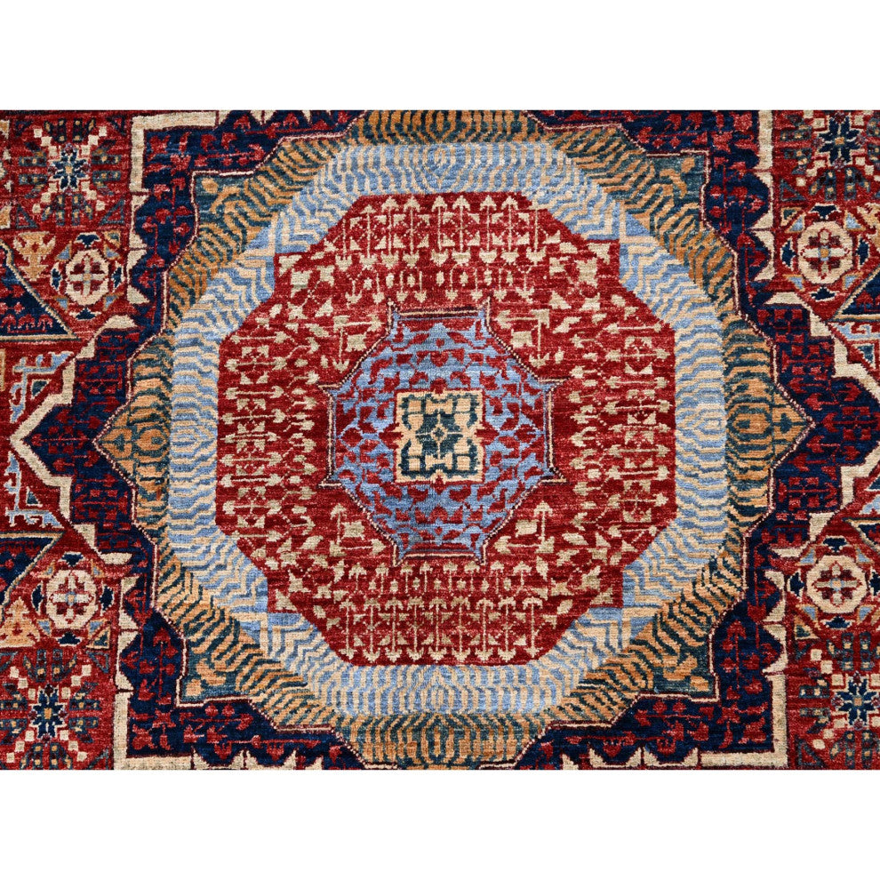 Vermilion Red Hand Knotted Mamluk Design 200 KPSI Natural Wool Rug 5'9"x9'7"