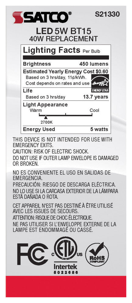 5W BT15 LED, Clear, Medium Base, 90 CRI, 2700K, 120V