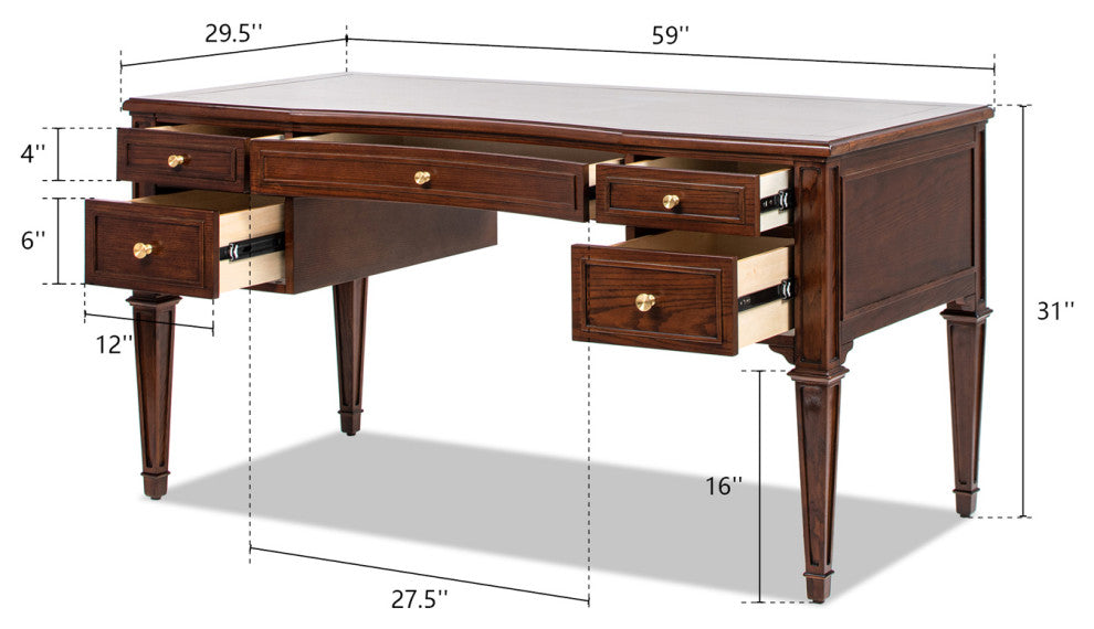 Dauphin 59" Ash Wood Gold Accent 5-Drawer Executive Desk, Walnut Brown Wood