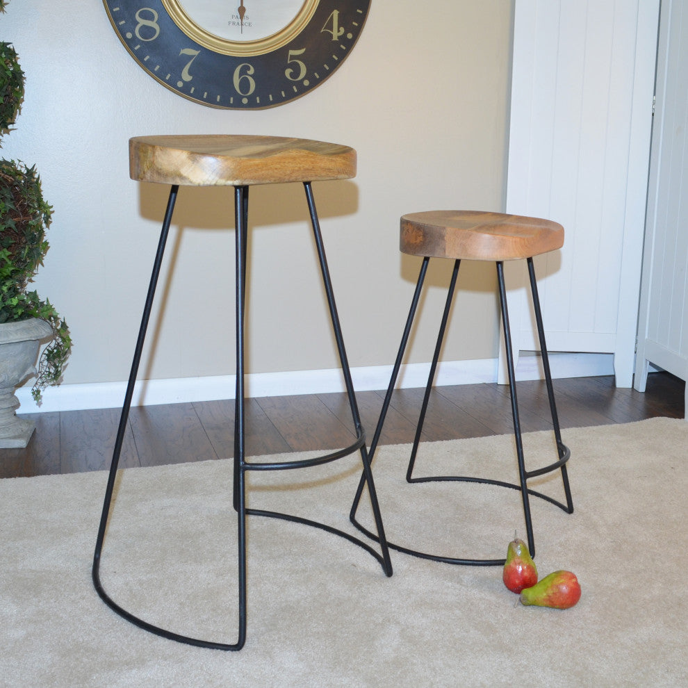 Stationary Solid Mango Wood Seat Tractor Stool, Natural/Black