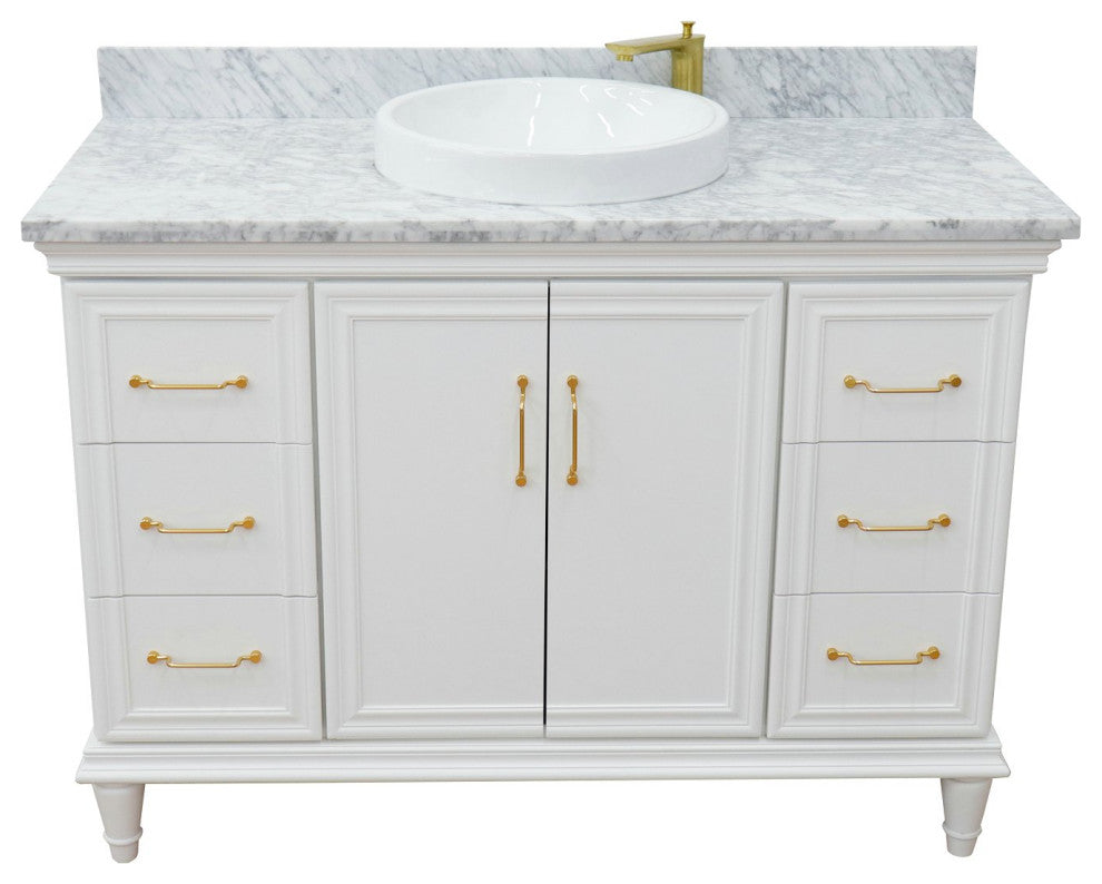 49" Single Sink Vanity, White Finish With White Carrara Marble and Round Sink