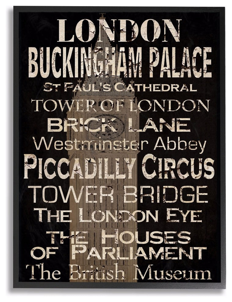 London Landmark Typography Wall Art, 11x14, Framed Giclee Texturized