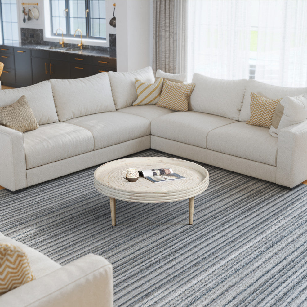 33" Coffee Table Mango Wood Round Top Grooved Edge Distressed White Finish