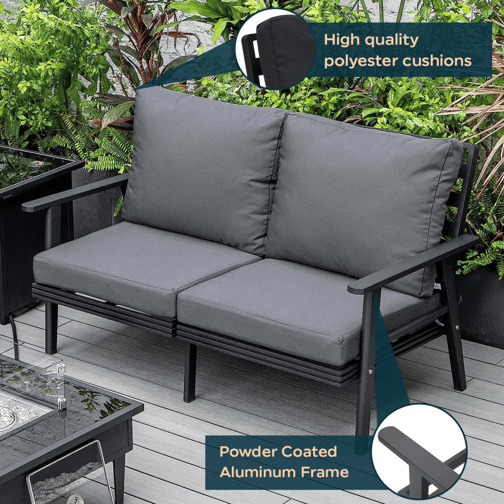 Leisuremod Walbrooke Patio Loveseat With Black Aluminum Frame, Charcoal