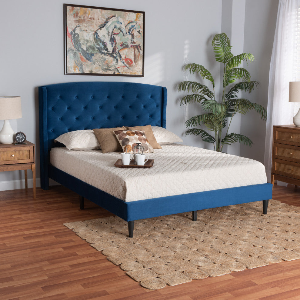 Neda Modern Upholstered Platform Bed, Navy Blue/Dark Brown, Queen