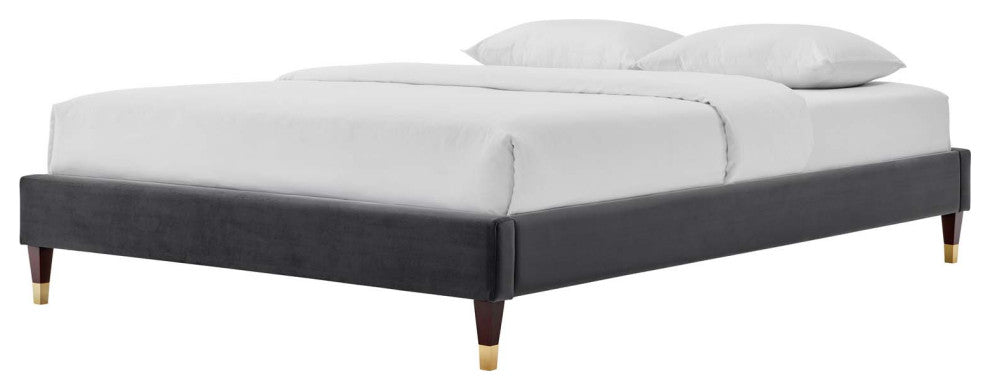 Platform Bed Frame, Twin Size, Velvet, Dark Grey Gray, Modern Contemporary