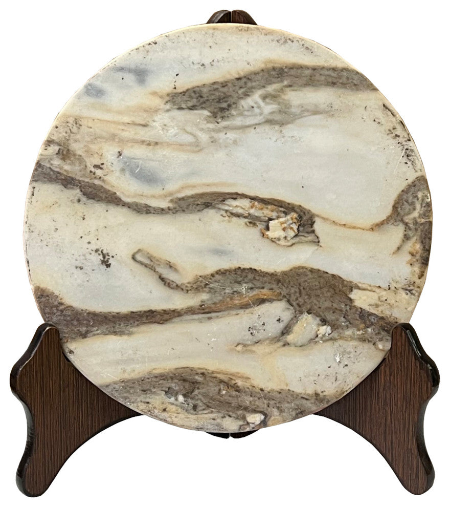 Chinese Natural Dream Stone Round White Fengshui Plaque Birdcage, Hws2256