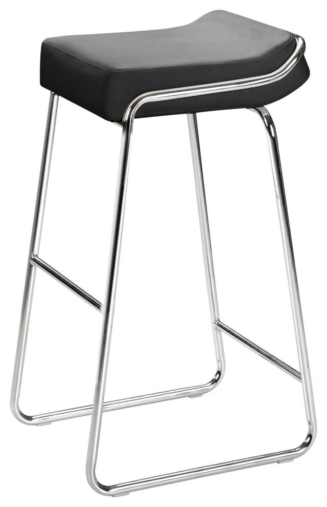 Bar Stool Chair Barstool, Set of 2, Faux Vinyl Leather, Steel, Black, Chrome
