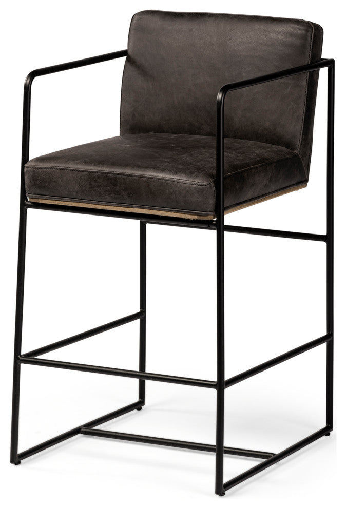 Stamford Black Leather Seat With Wood Back, Metal Frame Counter Stool