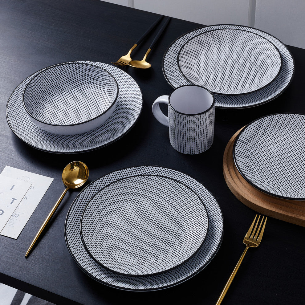 Stone Lain Daisy Stoneware 32 Piece Dinnerware Set, White and Black