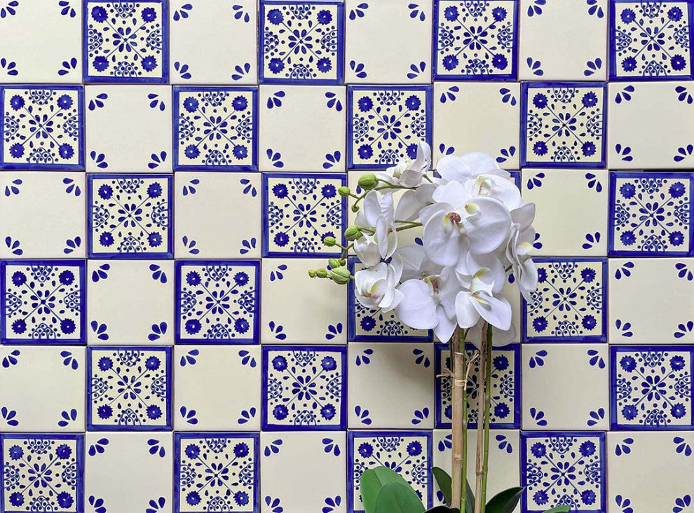 4.25"x4.25" Talavera Mexican Handmade Ceramic Tile, Blue Ville, Set of 9