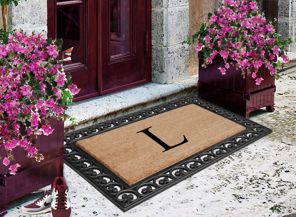 A1HC Black Rubber and Coir Paisley Border Monogrammed Double Doormat, 30"X48", L