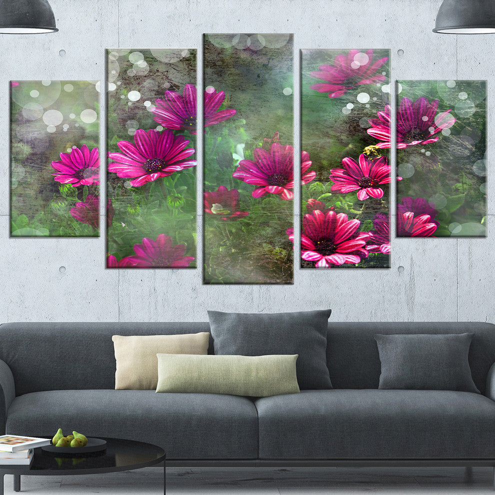 Red and Pink Flowers on Green, Large Floral Canvas Artwork, 60"x32", 5 Panels