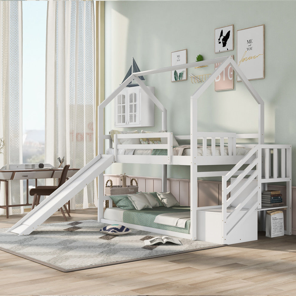 Gewnee Twin over Twin House Bunk Bed with Convertible Slide