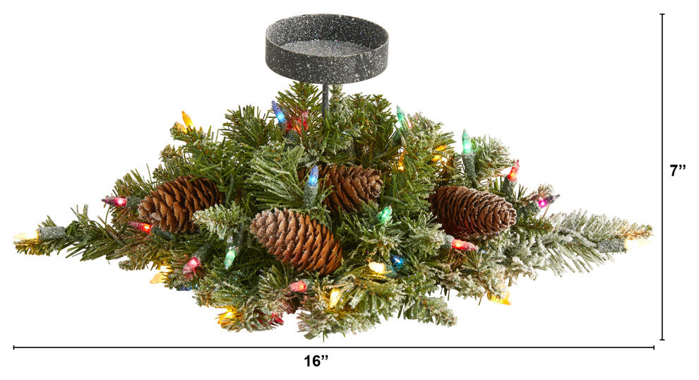 16" Flocked Faux Christmas Pine Candelabrum With 35 Lights and Pine Cones
