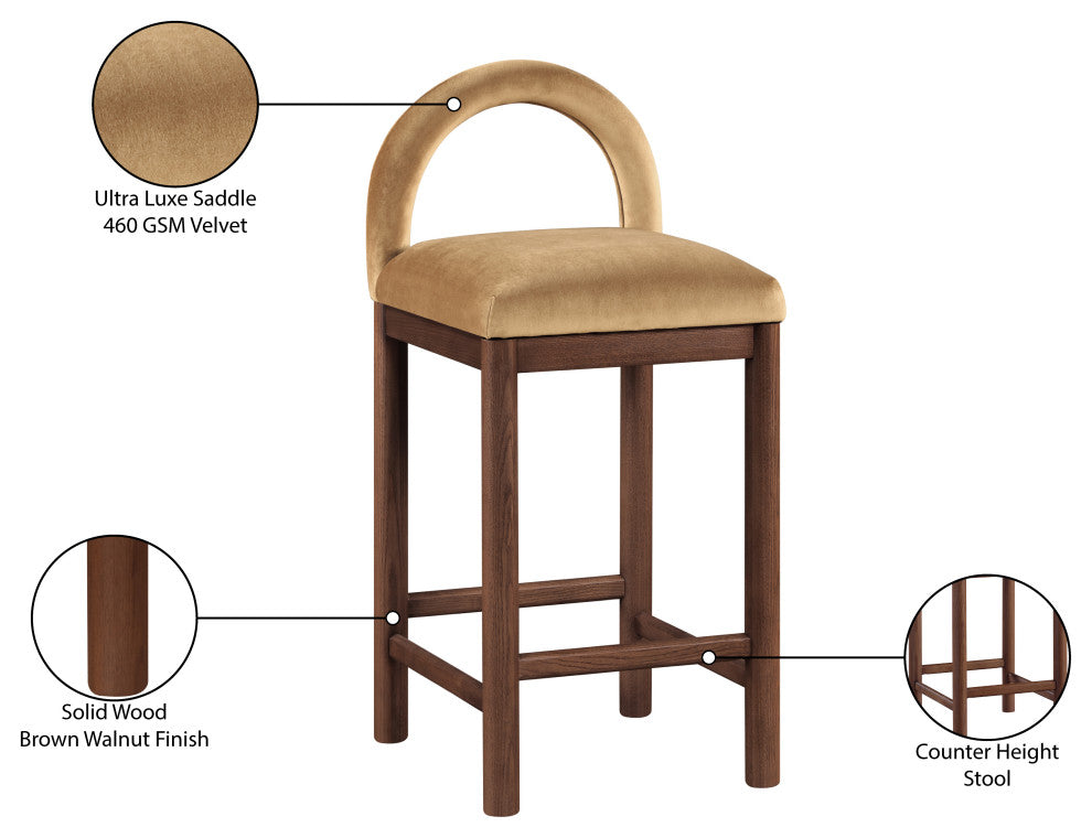 Conrad Upholstered Bar and Counter Stool, Saddle, Velvet, Brown
