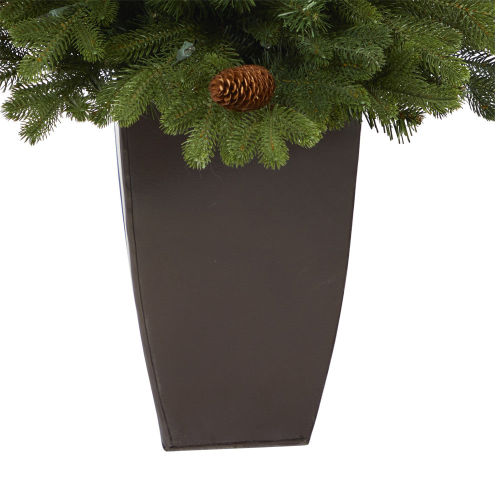 3.5' Yukon Mountain Fir Faux Xmas Tree W/50 Lights & Pinecones, Bronze Planter