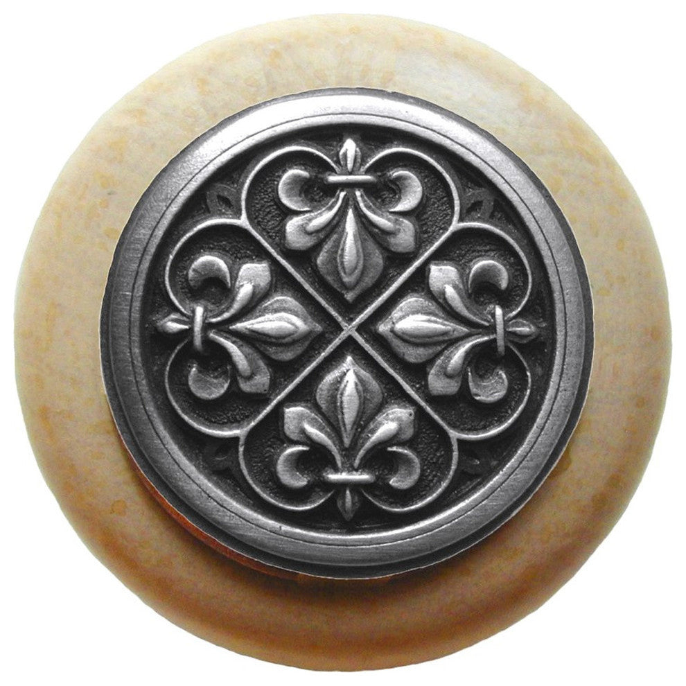 Fleur-De-Lis Natural Wood Knob, Clear Finish With Antique-Style Pewter