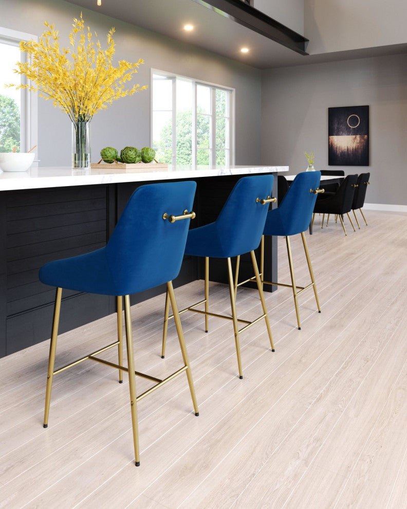 Counter Stool Chair, Steel Metal, Fabric, Navy, Gold, Bar Kitchen Cafe Bistro