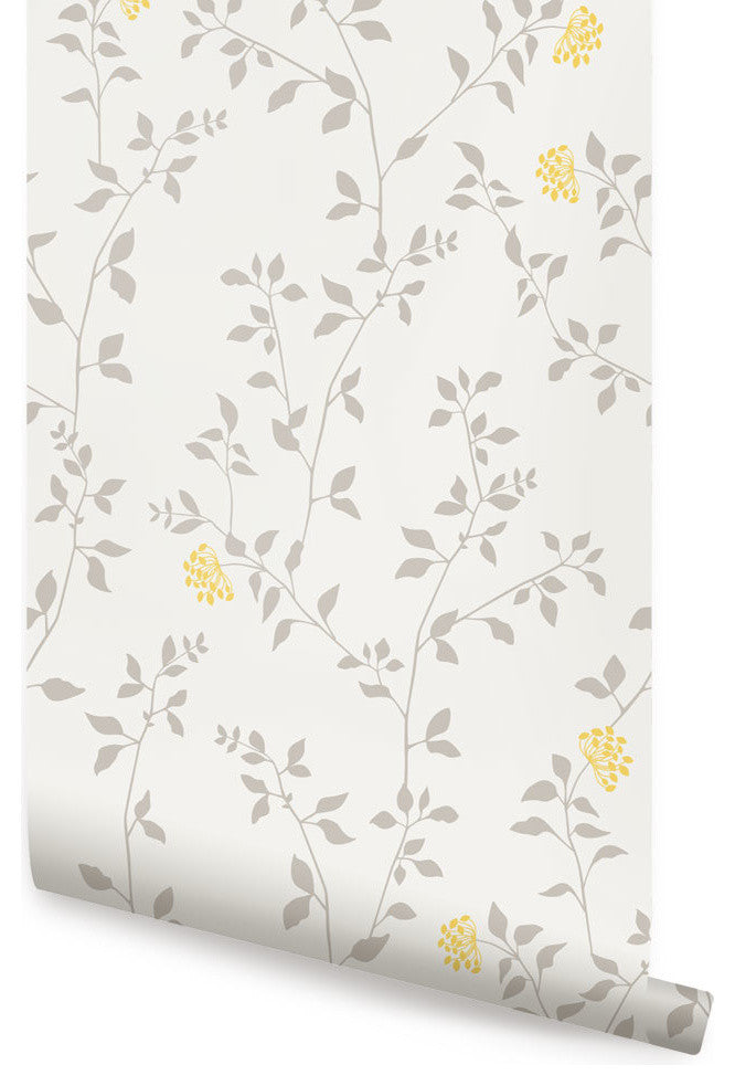 Branch Flower Peel and Stick Vinyl Wallpaper, Light Gray/Yellow, 24"w X 108"h
