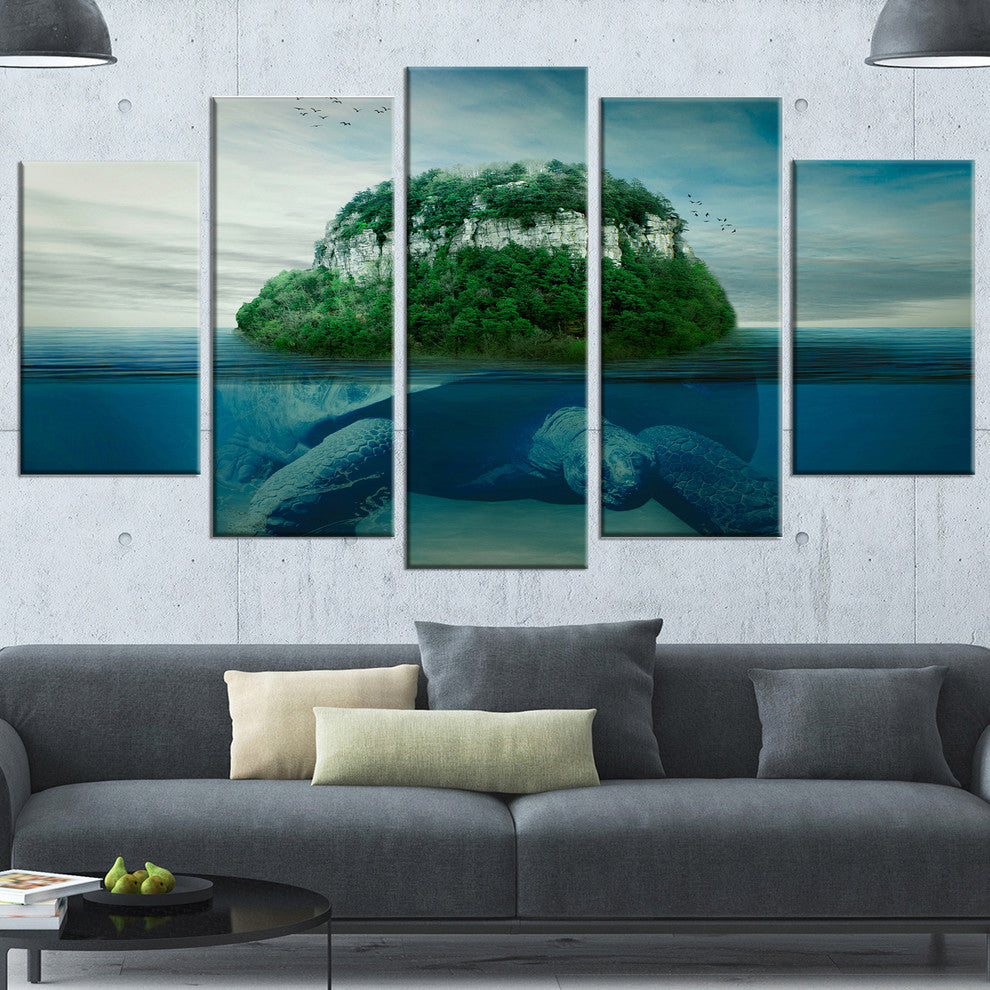 Giant Turtle Carrying Island, Oversized Abstract Canvas Art, 60"x32", 5 Panels