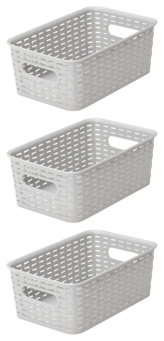 Plastic Rattan Storage Box Basket Organizer, Gray, Small-Pack of 3