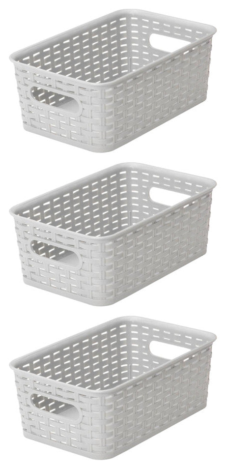Plastic Rattan Storage Box Basket Organizer, Gray, Small-Pack of 3