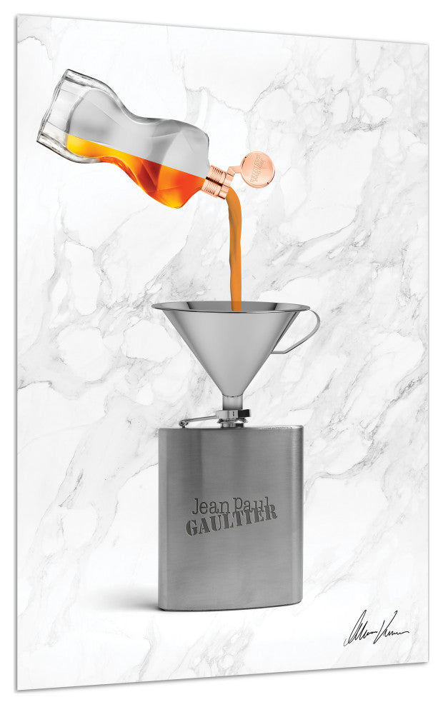 "Gaultier Liquid Gold" Frameless Floating Tempered Glass Panel Graphic Wall Art