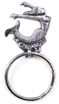 Rustic Silver Cast Iron Arching Mermaid Towel Holder 9"