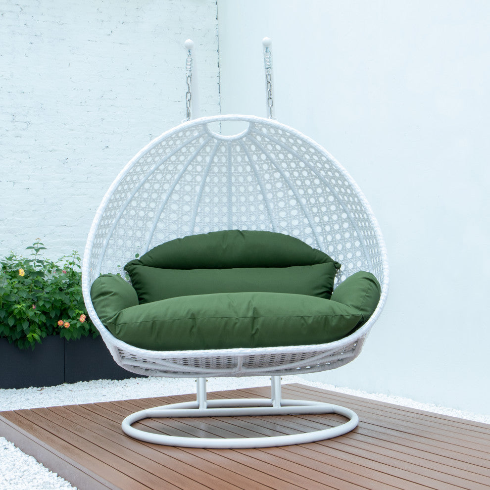 2 Person White Wicker Double Hanging Egg Swing Chair, Dark Green