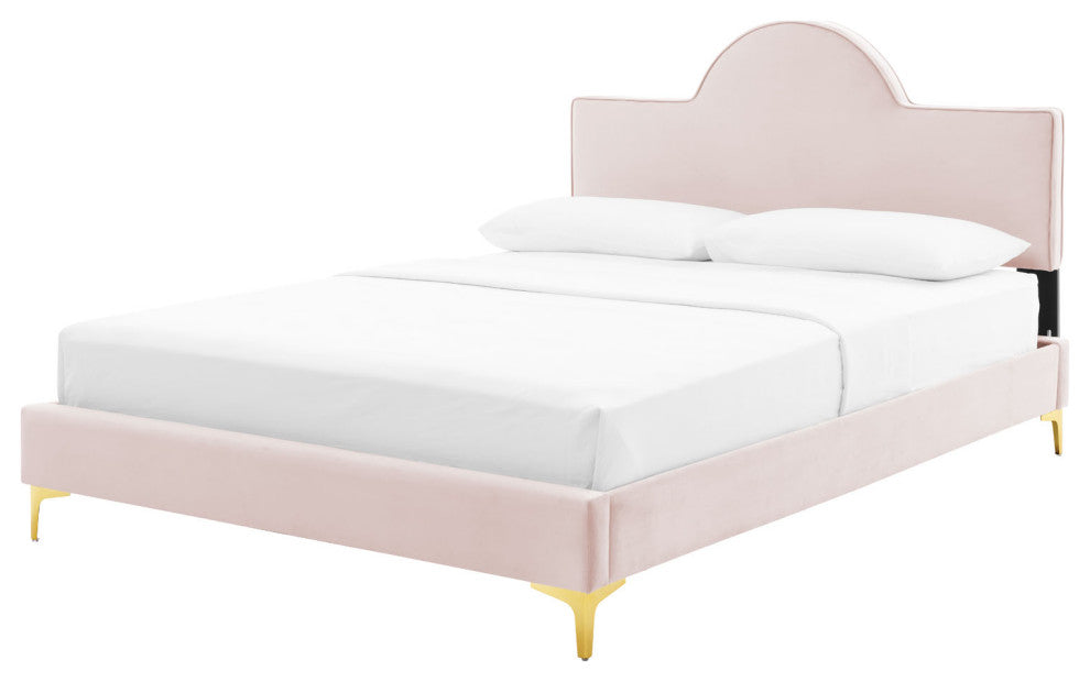 Platform Bed Frame, King Size, Pink, Velvet, Modern, Bedroom Master Guest Suite