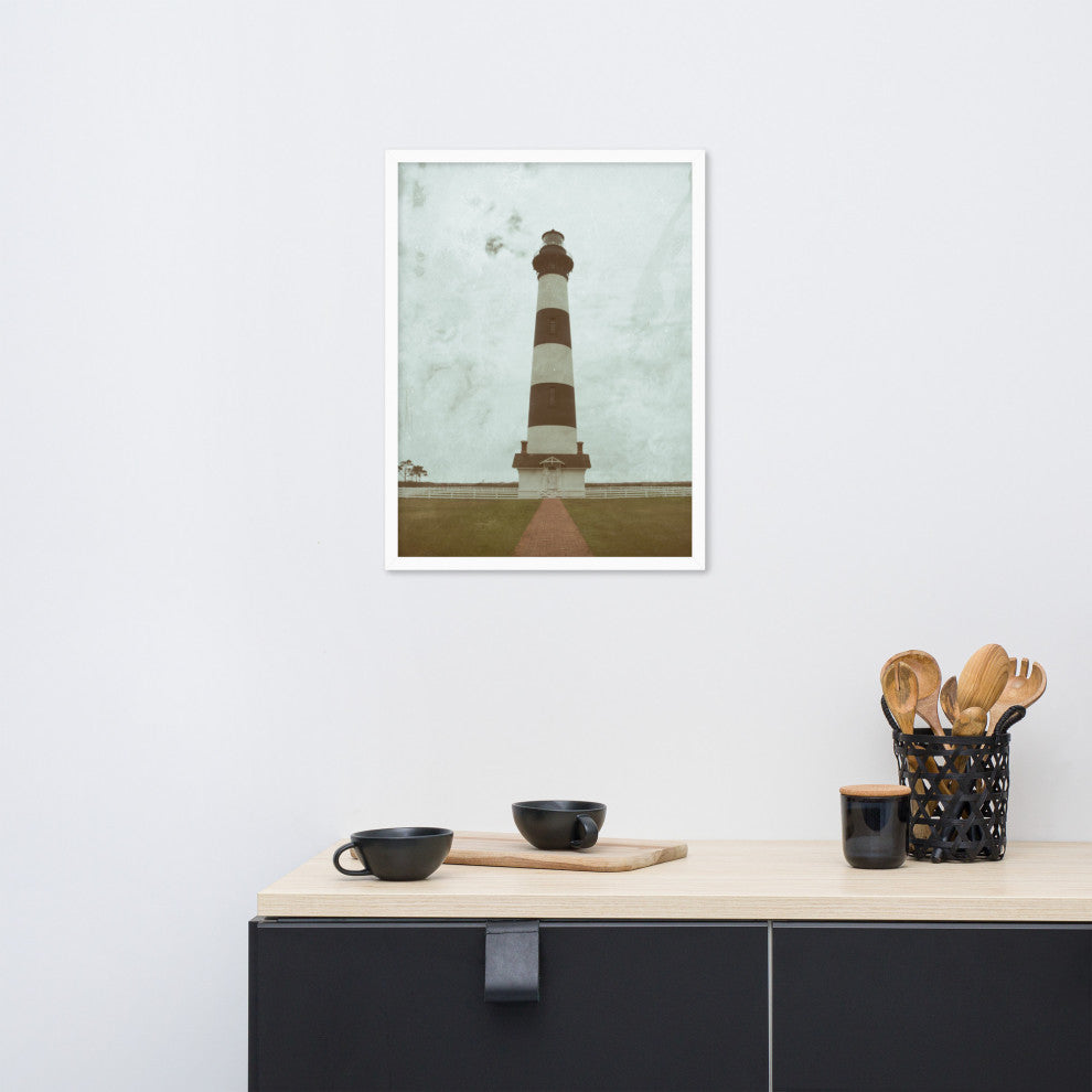 Aged Bodie Lighthouse Landscape Framed Photo Paper Wall Art Prints, White, 18" X 24"