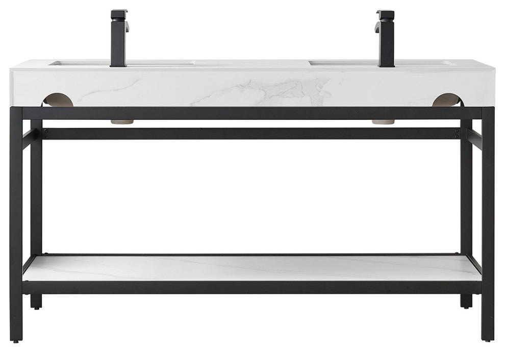 Funes Bath Vanity without Mirror, Matte Black Hardware, 60" Double Sink, White Stone Top
