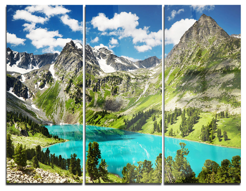 "Mountain Lake and Blue Sky" Photo Glossy Metal Wall Art, 3 Panels, 36"x28"