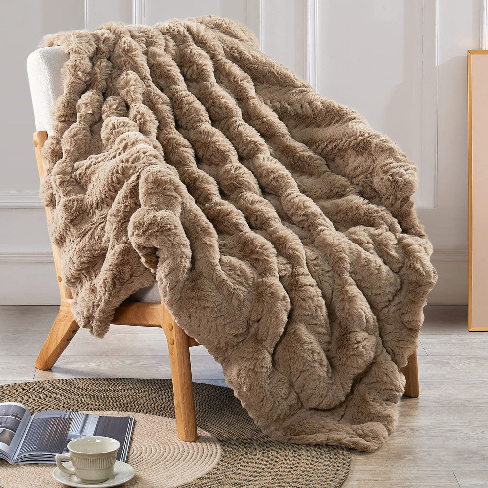 Tread Rabbit Faux Fur Throw Blanket, Tan